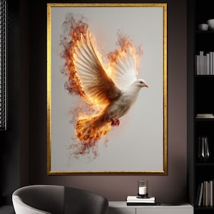 Holy Spirit Dove Canvas Painting, Fiery White Dove Wall Art, Spiritual Christian Artwork for Home, Dove Poster, Religious Art Gift