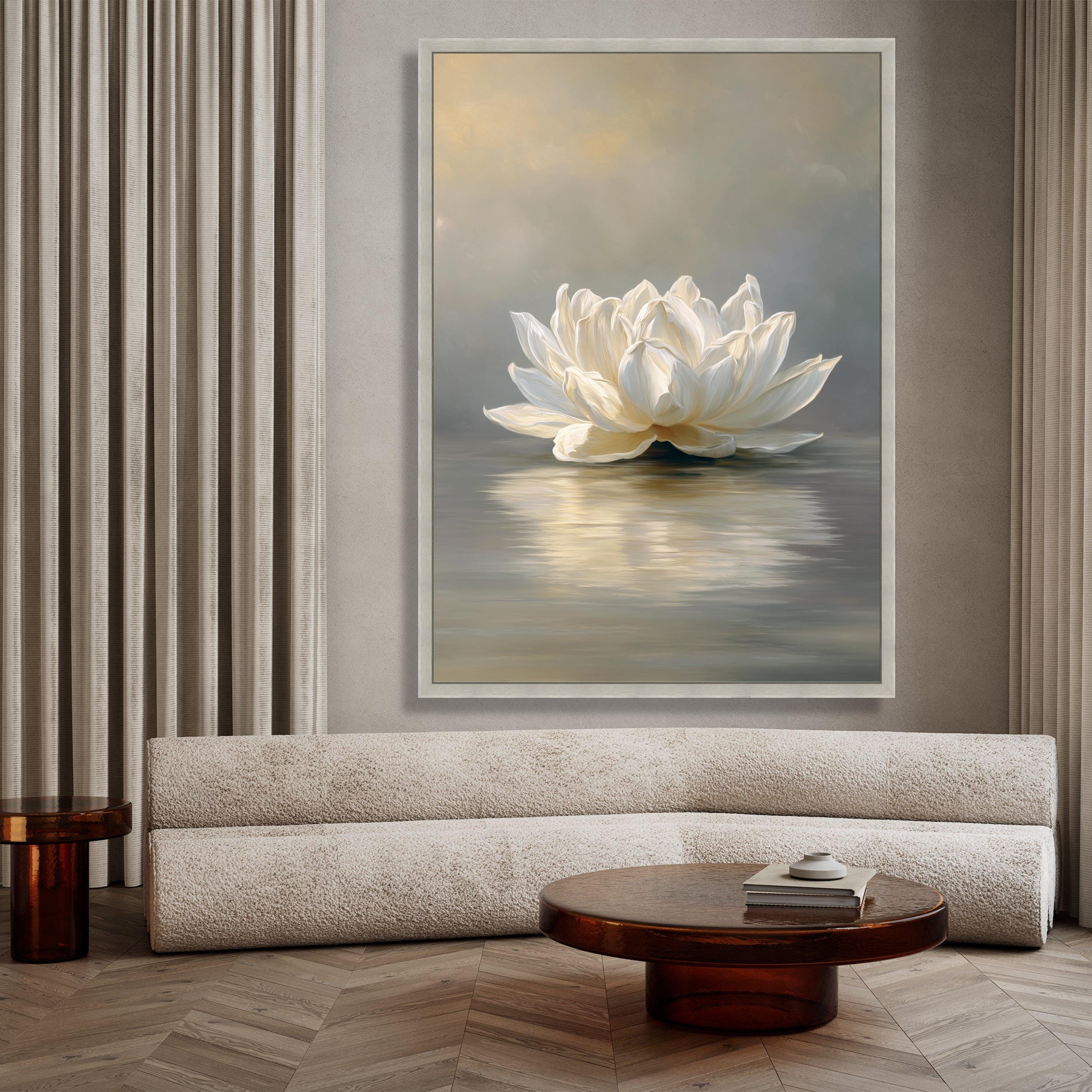 Elegant White Lotus Flower Canvas, Tranquil Water Reflection Wall Art ...