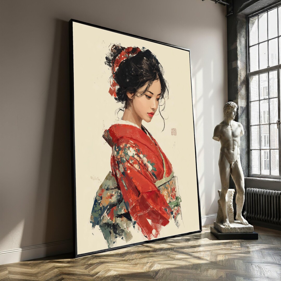 Elegant Asian Woman in Red Kimono Canvas Wall Art, Traditional Japanese ...