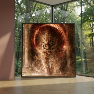 Könnte beinhalten: Ein quadratischer Wandkunstdruck, der einen nach vorne laufenden Tiger zeigt, umgeben von wirbelnden orangefarbenen und roten Flammen. Der Tiger ist zwischen zwei Steinsäulen positioniert, wobei die feurige Energie einen kreisförmigen Heiligenschein um seinen Kopf bildet.