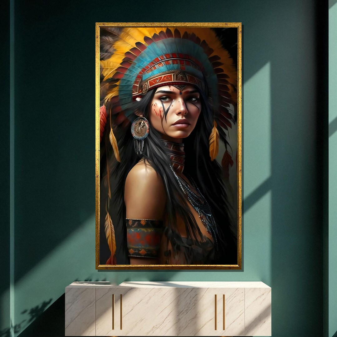 Native American Woman Canvas Painting: Tribal Headdress, Boho Wall Art ...