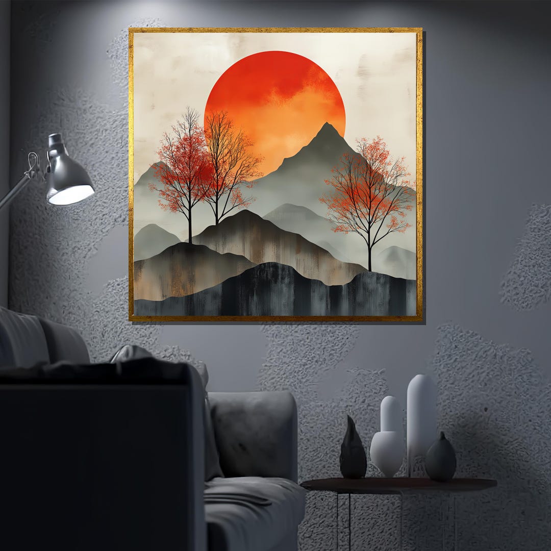 Japanese Sunset Canvas Painting, Minimalist Mountain Wall Art, Zen ...