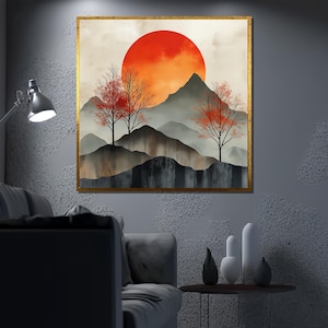 Japanese Sunset Canvas Painting, Minimalist Mountain Wall Art, Zen Nature Decor, Asian Landscape Artwork, Tranquil Home Gift for Her