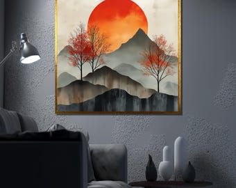 Japanese Sunset Canvas Painting, Minimalist Mountain Wall Art, Zen Nature Decor, Asian Landscape Artwork, Tranquil Home Gift for Her
