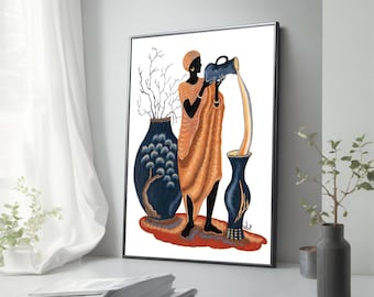 African Woman Pouring Water Canvas Print, Ethnic Wall Art, African Woman Artwork, Traditional African Decor, Unique Home Decor Gift