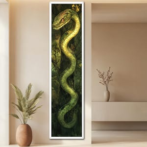 May include: A green snake with a yellow underbelly is coiled around a tree trunk in a dark green forest. The snake's head is turned to the side, and its eye is visible.