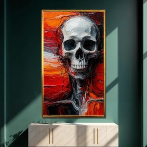 Dark Skull Canvas Painting, Abstract Skeleton Wall Art with Fiery Red Background, Gothic Decor, Horror Artwork, Unique Art Gift