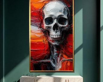 Dark Skull Canvas Painting, Abstract Skeleton Wall Art with Fiery Red Background, Gothic Decor, Horror Artwork, Unique Art Gift