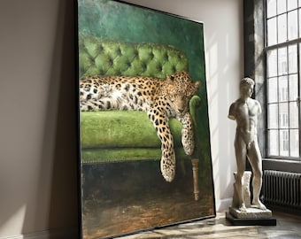 Relaxed Leopard on Green Couch Canvas, Exotic Animal Wall Art, Wildlife Home Décor, Living Room Canvas Decoration