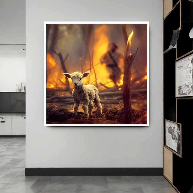 May include: A small, white lamb stands in a forest clearing, looking directly at the camera. The background is a blur of orange and yellow flames, suggesting a recent fire.