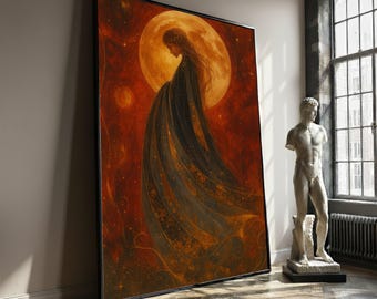 Moon Goddess Canvas Painting, Mystical Woman Wall Art With Celestial Theme And Flowing Dress, Dreamy Feminine Artwork, Fantasy Gift