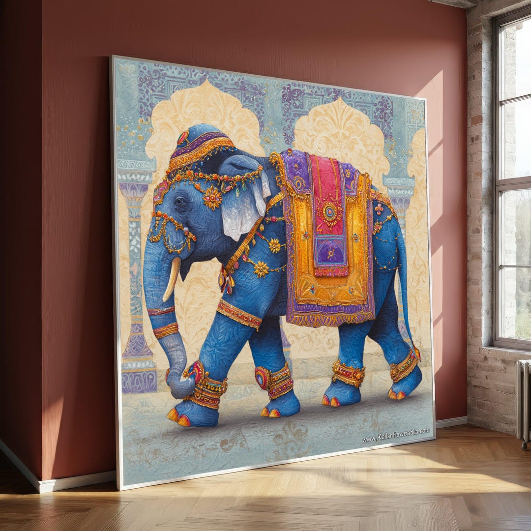 Majestic Indian Elephant Canvas, Royal Blue Elephant Wall Art, Ornate ...