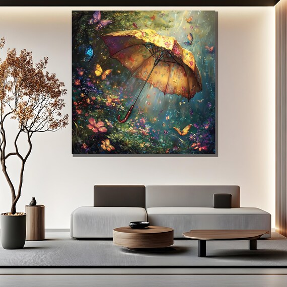 Whimsical Umbrella Canvas Painting, Fantasy Butterfly Wall Art