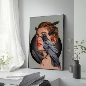 Surreal Crow Woman Portrait Canvas Painting, Gothic Wall Art for Unique Home Decor, Ready to Hang Fantasy Raven Queen Gift