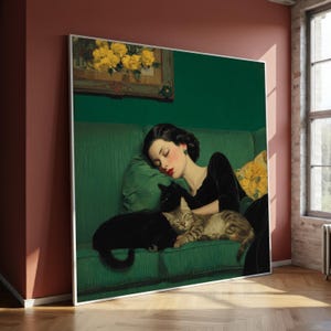 Elegant Woman Sleeping on Sofa with Cats Canvas, Vintage Home Relaxation Wall Art, Cozy Interior Decor, Cat Lover Gift Idea