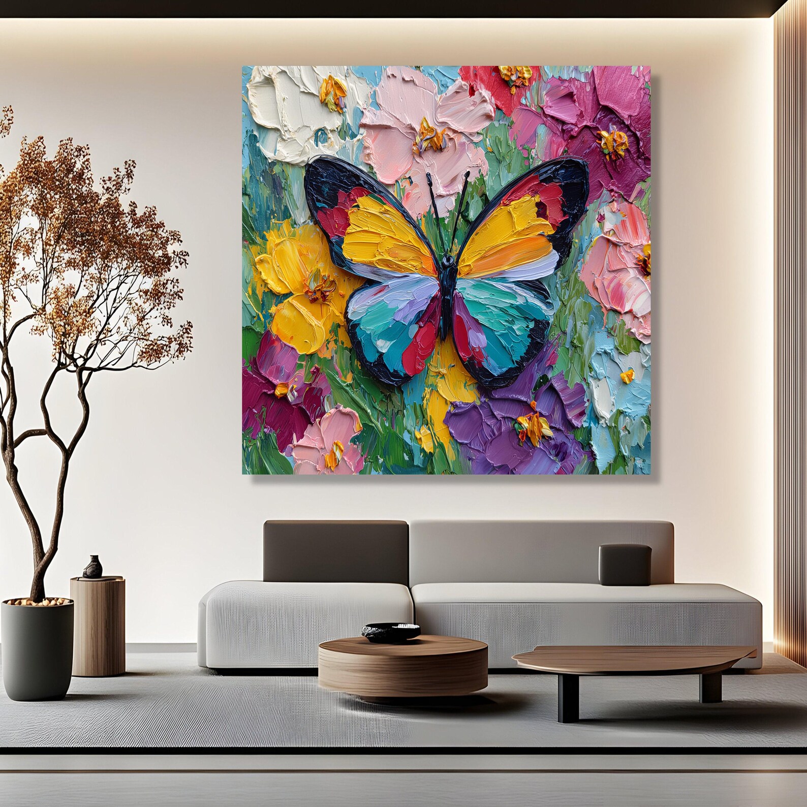 Colorful Butterfly Canvas Painting, Vibrant Floral Wall Art, Rainbow ...