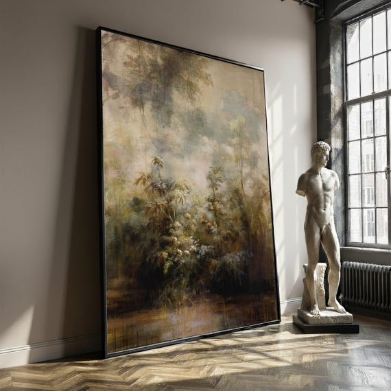 Misty Forest Landscape Canvas, Soft Nature Painting, Dreamy Woodland Wall Art, Botanical Scene Print, Calming Home Decoration, Perfect Gift