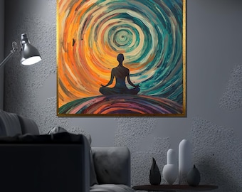 Colorful Meditation Canvas Painting, Spiritual Yoga Wall Art, Zen Silhouette Poster, Abstract Mindfulness Decor, Peaceful Art Gift