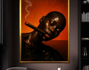 Bold Black Woman Canvas Painting With Cigar And Orange Background, Ethnic Wall Print, Afrocentric Wall Art For Living Room, Perfect Gift