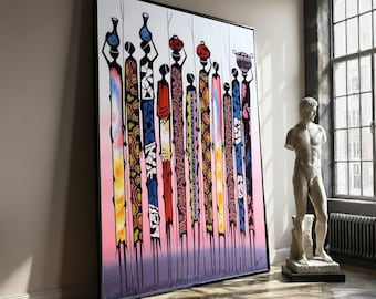 Abstract African Figures Canvas Wall Art, Ethnic Tribal Patterns, Colorful Modern Art, Cultural Home Decor, Vibrant Silhouette Painting