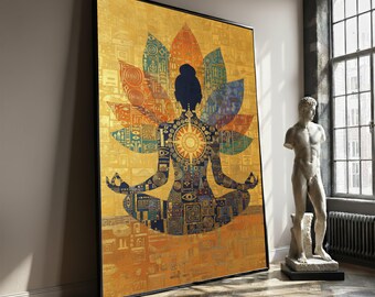 Meditation Canvas Painting with Lotus, Klimt Inspired Yoga Wall Art, Yoga Pose Art, Spiritual Abstract Print, Zen Art Gift