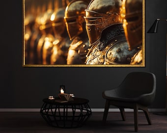 Könnte beinhalten: Eine Gruppe von Rittern in glänzender Rüstung steht in Formation, ihre Helme reflektieren das goldene Licht der untergehenden Sonne. Die Rüstung ist detailliert und kunstvoll, mit einer Mischung aus goldenen und silbernen Akzenten.
