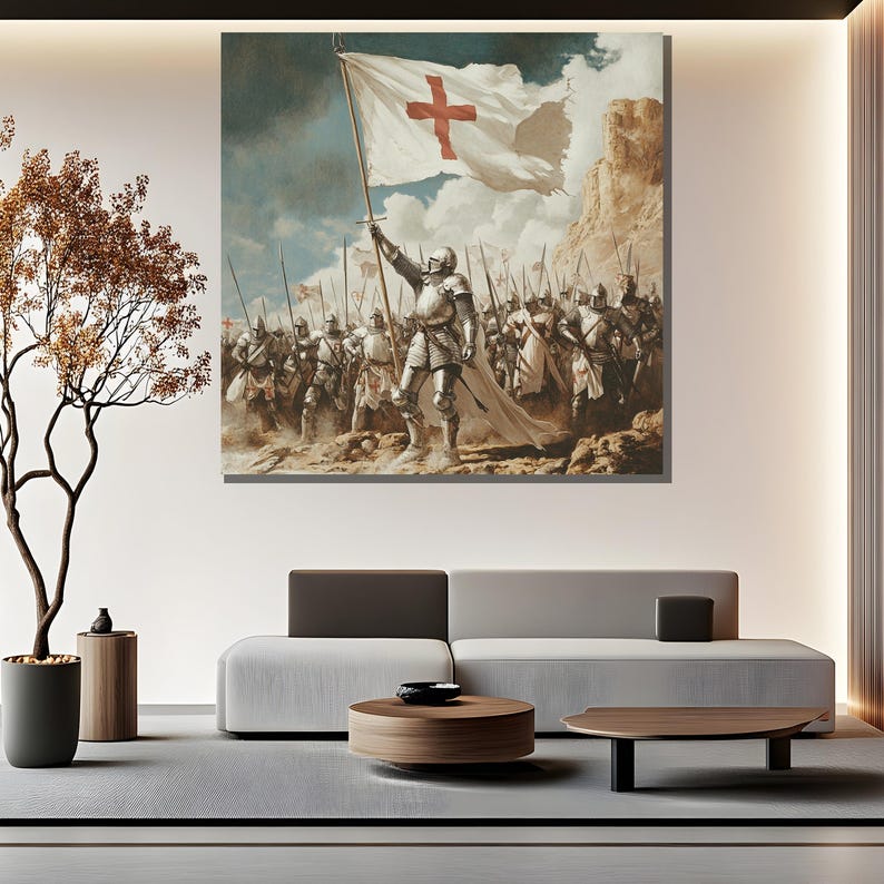 Crusader Knight Canvas Painting, Medieval Army Wall Art, Templar Flag ...