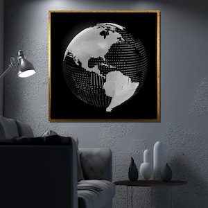 Moderne Schwarz-Weiß-Globus Leinwand Gemälde, Minimalistische Weltkarte Wandkunst, Digital Dot Earth Art, Zeitgenössische Büro Wanddekoration, Kunst Geschenk