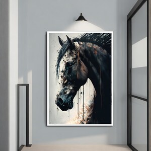 May include: A black and white abstract painting of a horse's head. The horse has a white spot on its forehead and a white stripe down its nose. The background is a light gray with splashes of color.