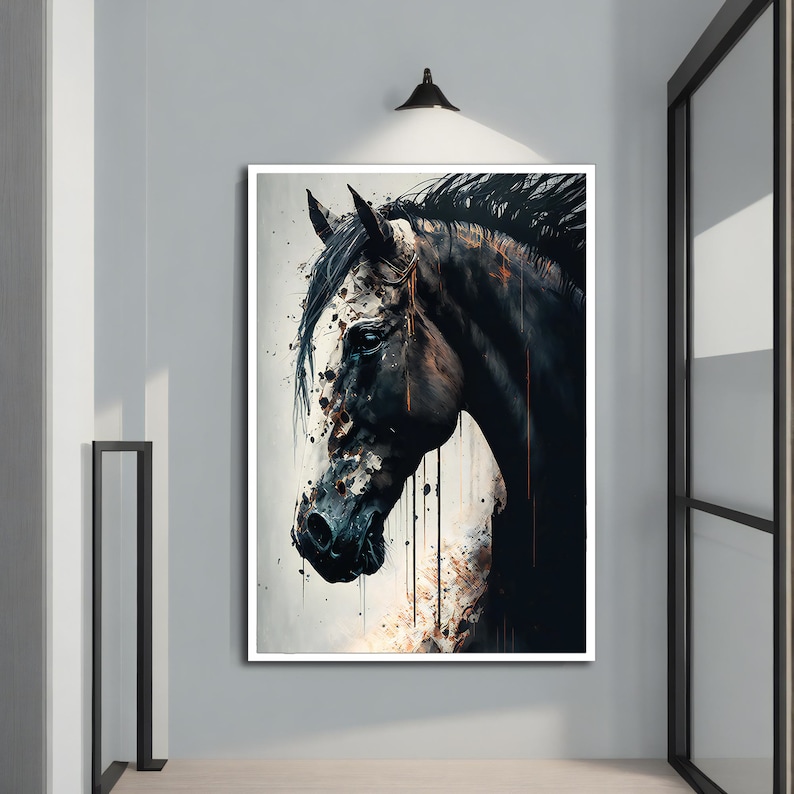 May include: A black and white abstract painting of a horse's head. The horse has a white spot on its forehead and a white stripe down its nose. The background is a light gray with splashes of color.