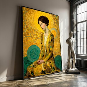 Gustav Klimt Woman in Gold Circles Canvas, Modern Art Portrait Wall Art, Abstract Mosaic Style, Luxe Home Decoration image 1