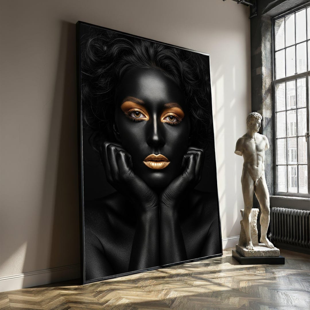 Black and Gold Woman Canvas Painting, Modern Luxury Female Wall Art ...