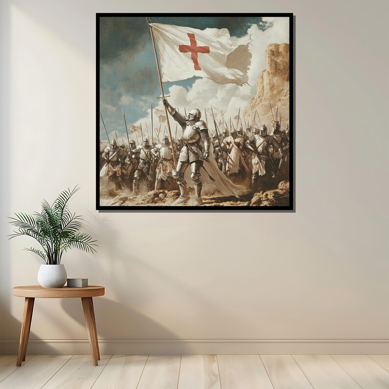 Crusader Knight Canvas Painting, Medieval Army Wall Art, Templar Flag ...
