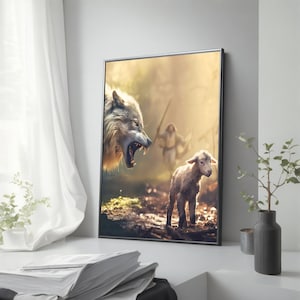 Könnte beinhalten: Ein weißer Wolf mit offenem Maul, der ein kleines weißes Lamm in einer Waldlandschaft anbrüllt. Der Wolf ist im Vordergrund und das Lamm im Hintergrund. Der Wolf nimmt eine bedrohliche Haltung ein, während das Lamm ängstlich aussieht.