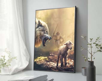 Jesus Running Towards the Wolf and the Lamb Canvas Print, Lamb Art, Christian Wall Art, Ready to Hang, Living Room Decor, Christian Gift