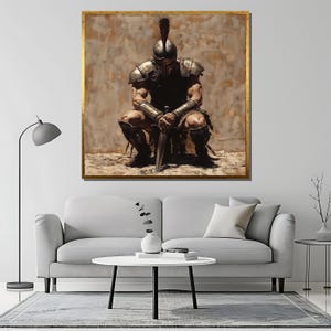 May include: A painting of a warrior in armor kneeling with a sword in his hands. The warrior is wearing a helmet with a plume and is surrounded by a brown background.