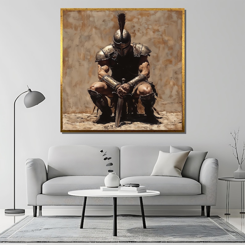 May include: A painting of a warrior in armor kneeling with a sword in his hands. The warrior is wearing a helmet with a plume and is surrounded by a brown background.