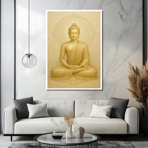 May include: A golden Buddha statue sits in a meditative pose with hands clasped in front of the chest. The statue is surrounded by a mandala design and a light beige background.