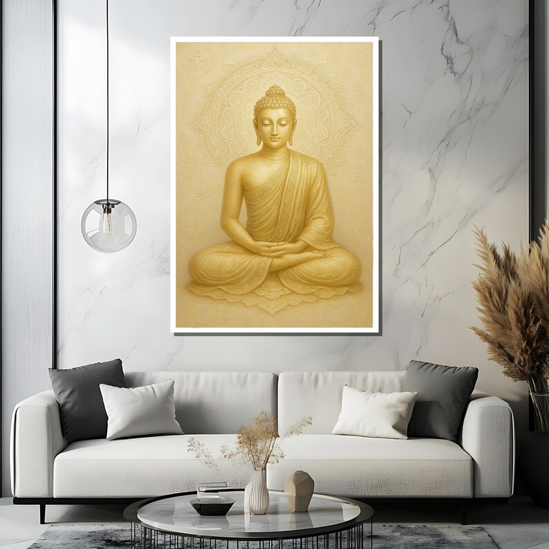 May include: A golden Buddha statue sits in a meditative pose with hands clasped in front of the chest. The statue is surrounded by a mandala design and a light beige background.