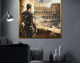 Gladiator Canvas Painting, Roman Colosseum Wall Art, Ancient Warrior Decor, Epic Battle Artwork, Historical Home Decor, Unique Gift