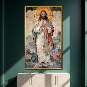 Sacred Jesus Canvas Painting, Christian Wall Art, Religious Home Decor, Vintage Prayer Artwork, Large Spiritual Gift, Faith Art