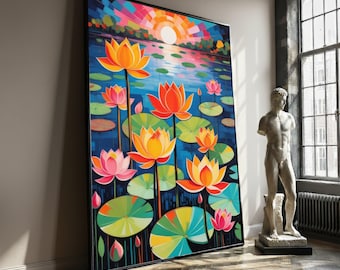 Lotus Flower Canvas Wall Art, Colorful Water Lily Painting for Meditation Room, Vibrant Zen Decor with Sunset Reflection, Peaceful Art Gift