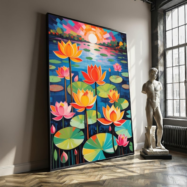 Lotus Flower Canvas Wall Art, Colorful Water Lily Painting for ...