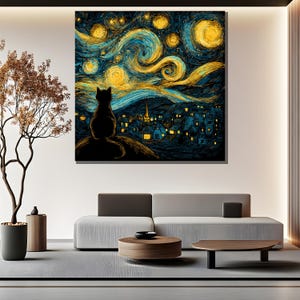 May include: A square canvas print of a cat silhouette overlooking a town under a swirling night sky. The artwork features a palette of blues, yellows, and blacks, reminiscent of Van Gogh's style. The cat is perched on a hill, with the town below.