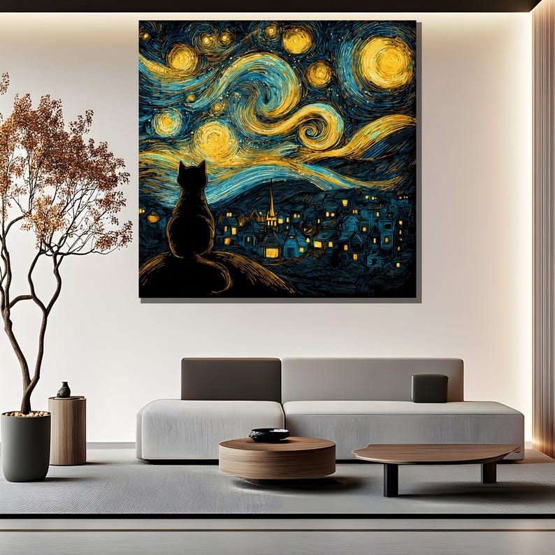 May include: A square canvas print of a cat silhouette overlooking a town under a swirling night sky. The artwork features a palette of blues, yellows, and blacks, reminiscent of Van Gogh's style. The cat is perched on a hill, with the town below.