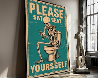 Lustiges Skelett auf Toilette sitzen, lustiges Badezimmer Wandbild, Bitte setzen Sie sich Zeichen, lustiges Geschenk