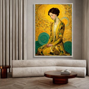 Gustav Klimt Woman in Gold Circles Canvas, Modern Art Portrait Wall Art, Abstract Mosaic Style, Luxe Home Decoration image 3