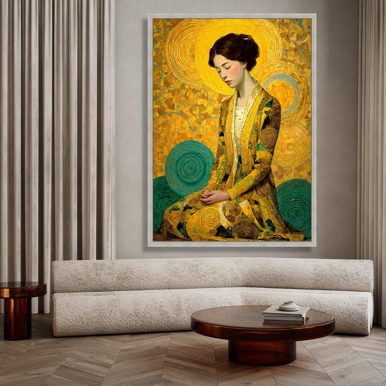 Gustav Klimt Woman in Gold Circles Canvas, Modern Art Portrait Wall Art, Abstract Mosaic Style, Luxe Home Decoration image 3
