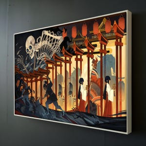 May include: A digital painting depicting a skeletal figure emerging from a dark, shadowy background. The figure is reaching towards a group of people in traditional Japanese clothing, who are standing in front of a red and gold temple gate. The scene is filled with intricate details and a sense of mystery.