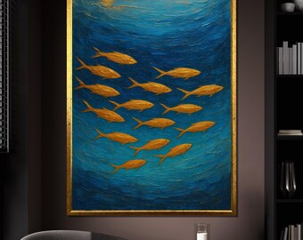 Golden Fish Underwater Canvas Painting, Blue Ocean Wall Art, Elegant Home Decor, Fish School Artwork, Modern Sea Life Art Gift